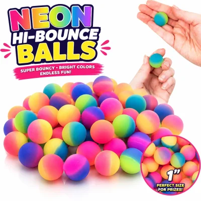 Neon Hi-Bounce Balls 1-inch (27mm) assorted super bouncy balls featuring vibrant neon pink, yellow, blue, green, and purple colors. Perfect for toy vending machines, capsule vending, claw machines, arcade prizes, redemption counters, party favors, and bulk prize assortments.
