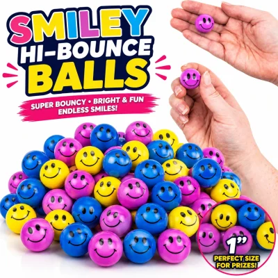 Smiley Hi-Bounce Balls 1-inch (27mm) assorted super bouncy balls featuring colorful smiley face designs in yellow, blue, and purple. Perfect for toy vending machines, capsule vending, claw machines, arcade prizes, redemption counters, party favors, and bulk prize assortments.
