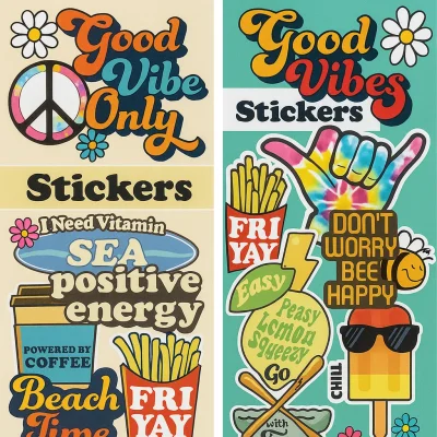 Side-by-side sticker display sheets featuring colorful and playful designs. The left sheet includes phrases like "Good Vibe Only," "Beach Time," and "I Need Vitamin Sea," with illustrations such as a peace sign, coffee cup, and French fries. The right sheet showcases "Good Vibes" with stickers like a tie-dye shaka hand, “Don’t Worry Bee Happy,” and a smiling popsicle, all set against vibrant backgrounds.