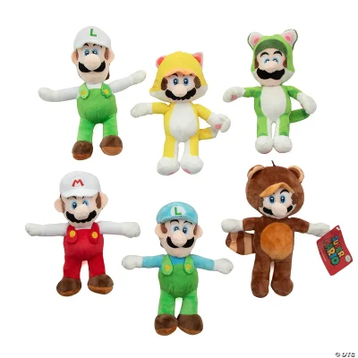 "Set of six Super Mario Bros. plush characters featuring Mario, Luigi, and power-up suits including cat, frog, and raccoon costumes, displayed on a white background."