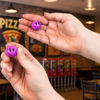 "Two hands holding small purple smiley face hi-bounce balls inside a pizza parlor with bulk vending machines in the background."