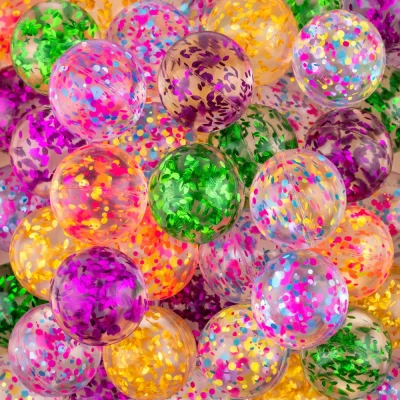 Colorful 45mm confetti hi-bounce balls with sparkling glitter inside, assorted vibrant colors.