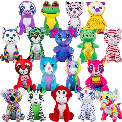 Medium plush animal assortment featuring 18 colorful stuffed animals including frogs, cats, bears, tigers, monkeys, elephants, owls, sloths, and fantasy creatures on a white background for claw machines, crane games, prize redemption, and retail displays.