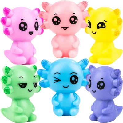 Cute axolotl squishy toys in pastel colors, sealed in 2-inch vending capsules — fun and collectible.