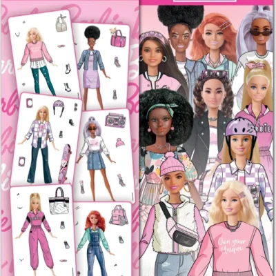 Flat vending sheets of Barbie dress-up stickers featuring outfits, accessories, and fashion fun for kids.