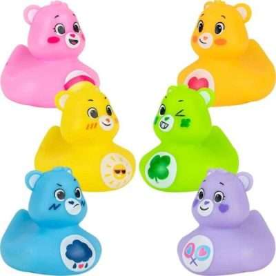 2-inch Care Bears rubber duck toys featuring 6 assorted characters with iconic belly badges