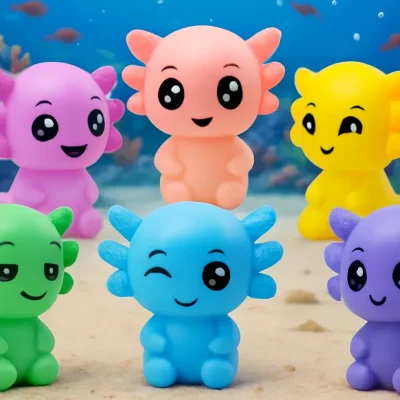 Six colorful axolotl toys arranged on a sandy ocean floor surrounded by coral reefs and fish in a vibrant underwater setting.
