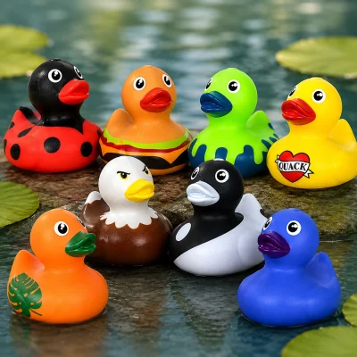 Character rubber duck assortment displayed in a soft pond-inspired scene with subtle lily pads and blurred water background. Includes ladybug, hamburger, slime, tattoo heart, eagle, black-and-white bird, tropical leaf, and blue novelty rubber ducks arranged in a colorful group display for arcade prizes, claw machines, and duck collections.