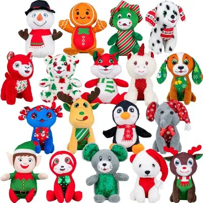 "Assorted Christmas plush toys including snowman, gingerbread, candy cane characters, dalmatian, reindeer, elf, penguin, bear, mouse, dog and other holiday animals in red, green and white, arranged on a white background—ideal for crane machines, redemption and seasonal prizes."