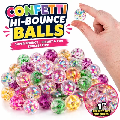 Confetti Hi-Bounce Balls 1-inch (27mm) assorted clear bouncy balls filled with colorful confetti and metallic flakes. Premium super bounce balls for toy vending machines, capsule vending, claw machines, arcade prizes, redemption counters, party favors, and bulk prize assortments.
