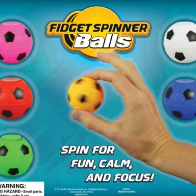 Fidget spinner soccer balls toy display showing colorful spinning balls in pink, red, green, yellow, blue, and white with hand spinning demonstration, ideal for bulk vending machines, capsule toys, and arcade prize assortments.