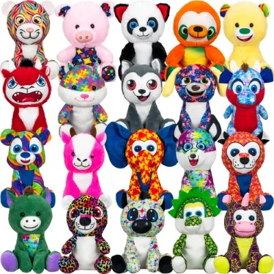 "Assorted medium plush animals including pig, panda, sloth, bear, husky, unicorn, elephant, dragon, giraffe, and other colorful character designs arranged in rows on a white background."
