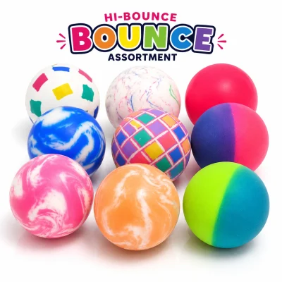 Hi-Bounce Bounce Assortment 2-inch (49mm) assorted high-bounce balls featuring colorful swirl, marble, confetti, split-color, grid, and solid designs. Premium vending machine bouncy balls for toy vending machines, claw machines, arcade prizes, redemption counters, party favors, and bulk prize assortments.