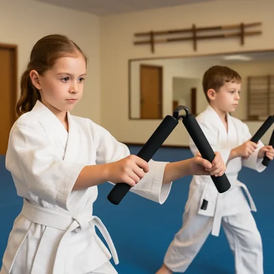 "Two young karate students in white gis practicing with foam nunchucks in a brightly lit dojo, standing on blue mats against a neutral background."