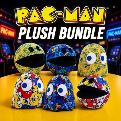 Pac-Man Plush Bundle promotional image featuring six colorful Pac-Man and ghost plush toys displayed in a neon arcade setting with bold Pac-Man branding and a retro gaming theme.