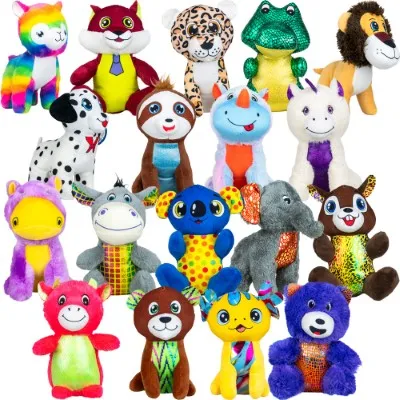 "Assorted medium plush animals in bright colors including cat, leopard, frog, lion, dalmatian, sloth, unicorn, llama, donkey, panda, elephant, bear and other characters arranged in rows on a white background—ideal for crane machines, redemption and events."