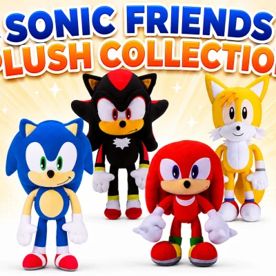 Sonic Friends Plush Collection featuring Sonic, Shadow, Knuckles, and Tails plush toys on a bright white and gold background with bold collection title text.