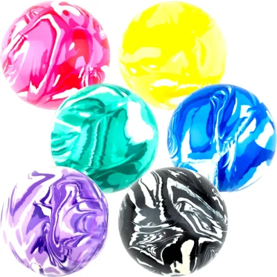 Assorted 49mm marble swirl hi-bounce balls in pink, yellow, green, blue, purple, and black with glossy high-shine finish