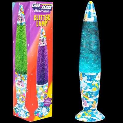 Color-changing Care Bears glitter lamp with swirling glitter, powered by USB or batteries, ideal for kids’ rooms or fun home decor.