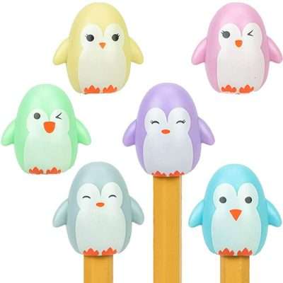Kawaii penguin pencil toppers in 2 inch capsules for tomy gacha and gashapon machines with squishy faces and pastel colors