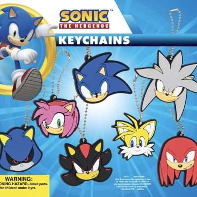 Assorted Sonic the Hedgehog character keychains in 2-inch vending capsules, featuring Sonic, Tails, Knuckles, and Amy Rose.