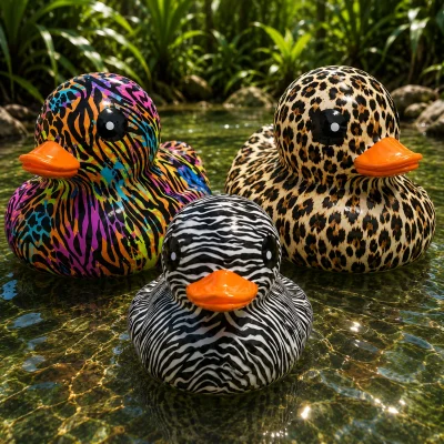 Animal print rubber ducks featuring zebra, leopard, and colorful safari patterns in a tropical jungle pond.