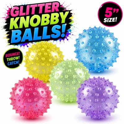 5-inch glitter knobby balls assortment featuring translucent yellow, blue, green, pink, and purple spiky vinyl balls with sparkling glitter finish. Great for claw machines, prize redemption, carnival games, party favors, vending machines, and arcade prizes.