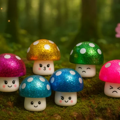 Six glitter mushroom toys with colorful caps—pink, gold, green, blue, and teal—sitting on a mossy forest floor with flowers and glowing accents.