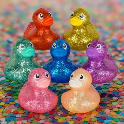 A photograph showcases seven glittery rubber ducks in vibrant colors arranged on a surface covered in multicolored confetti. The ducks include red, gold, teal, blue, purple, pink, and peach, all with shiny glitter finishes and cartoon eyes, standing out against a pastel-toned blurred background.