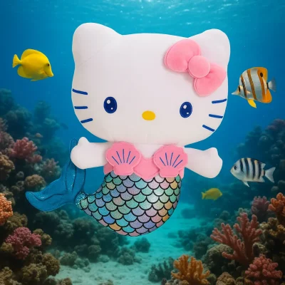 Hello Kitty mermaid plush toy with a pink bow, seashell top, and rainbow scale tail floating underwater among real tropical fish and coral reefs.