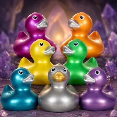 Metallic rubber ducks in purple, orange, yellow, green, blue, silver, and lavender displayed in a softly lit crystal treasure cave with blurred gemstone formations in the background.