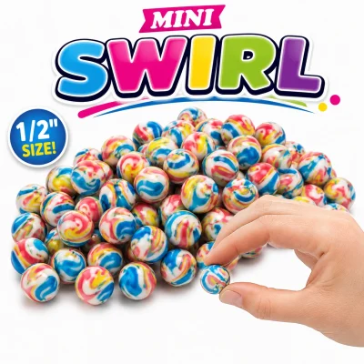 1/2-inch mini swirl bouncy balls with colorful blue, pink, yellow, and white marble patterns, shown in a large assortment with size comparison and Mini Swirl title on a white background, ideal for toy vending machines, capsule fillers, arcade prizes, and party favors.