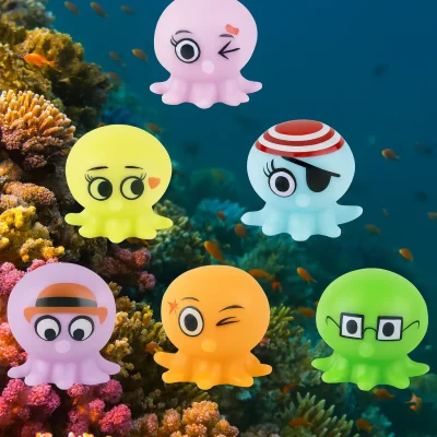 Colorful cartoon octopus toys with expressive faces floating above a coral reef underwater scene.
