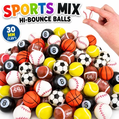 30mm (1.25-inch) Sports Mix hi-bounce balls featuring baseballs, basketballs, footballs, soccer balls, tennis balls, and 8-ball designs with Sports Mix title and size comparison on a white background, perfect for bulk vending machines, arcade prizes, redemption counters, party favors, and capsule machines.