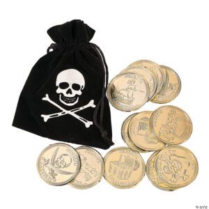 Faux Suede Pirate Drawstring Bags with Plastic Gold Coins