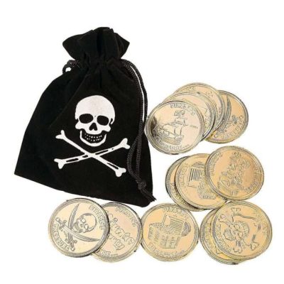 Faux Suede Pirate Drawstring Bags with Plastic Gold Coins