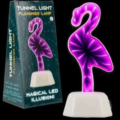 Pink flamingo-themed tunnel mirror LED lamp with double-sided illusion effect and ambient pink lighting for stylish room decor.