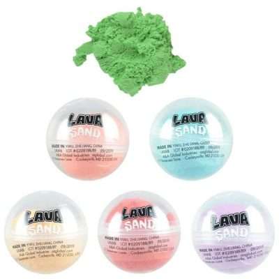 Lava Sand toy in 2-inch shrink-wrapped capsule, squishy and stretchy in assorted vibrant colors
