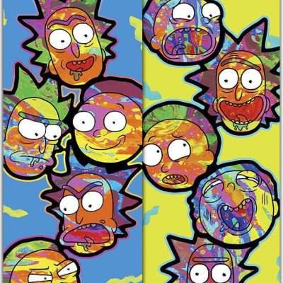 Colorful Rick and Morty stickers in individual sleeves, perfect for fans and flat vending machines.