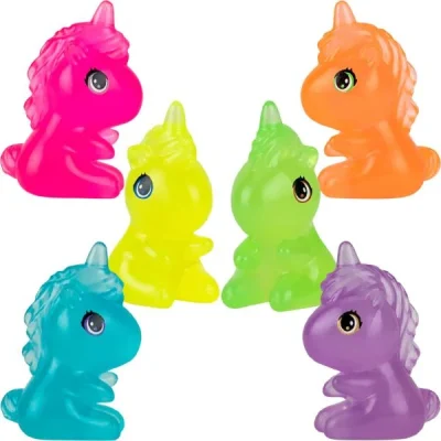 Colorful unicorn toys in assorted neon colors for vending machines and party favors