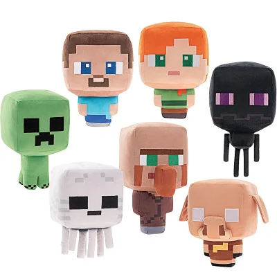 “Assorted Minecraft plush characters including Steve, Alex, Creeper, Enderman, Villager, Ghast, and Piglin in chibi block style, displayed on a white background.”