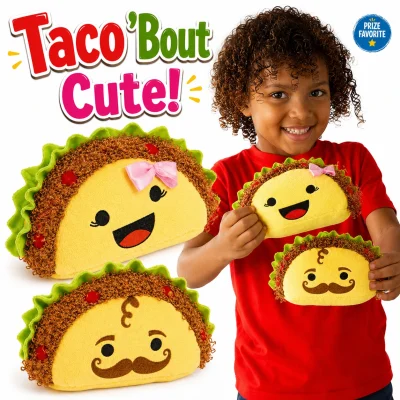 Taco 'Bout Cute plush tacos featuring smiling girl and mustache taco characters on a white background, novelty stuffed taco prizes for claw machines, arcades, redemption counters, and family entertainment centers.