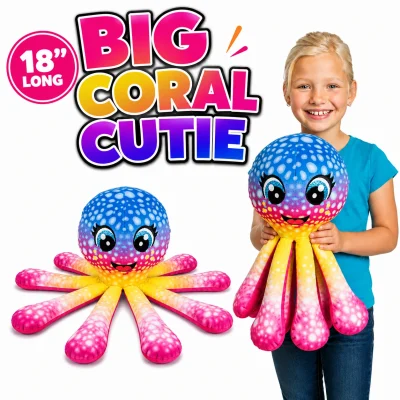 18" Big Coral Cutie Plush Octopus with colorful spotted design shown flat and held by child for size comparison on white background