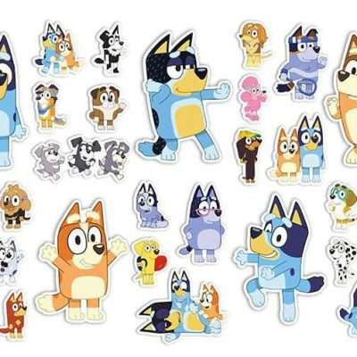 Licensed vending machine stickers including Bluey, Barbie, Dragon Ball Z, and Spider-Man foldered for 2-inch flat machines