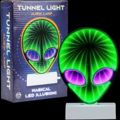 Green and purple LED alien tunnel light lamp with mirror illusion; powered by USB or batteries, ideal for rooms and party spaces.