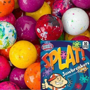 Brightly colored Splat Jawbreakers with fun splatter designs, perfect for vending machines and bulk candy displays.