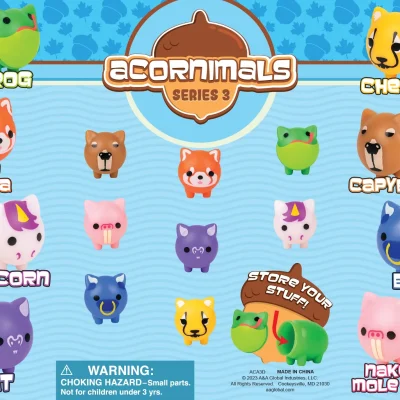 Display card for "Acornimals Series 3" toy collection featuring colorful, cartoon-style animal figurines including a frog, red panda, unicorn, bat, bull, capybara, cheetah, and naked mole rat. Each figure is labeled with its name, and the center highlights that these toys can "store your stuff." The background has a light blue wavy pattern with a blue leaf motif across the top.