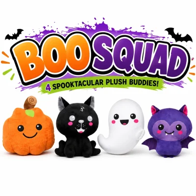 Boo Squad Halloween plush buddies featuring a smiling pumpkin, black cat, ghost, and purple bat on a white background with colorful Boo Squad title graphic.