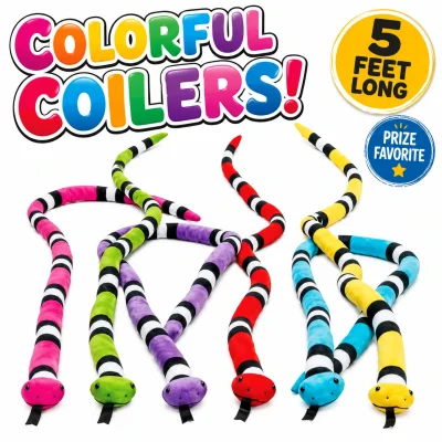 Colorful Coilers 5-foot plush stuffed snakes assortment featuring six bright striped snake plush toys with Prize Favorite badge on a white background for claw machines, arcades, redemption counters, and family entertainment centers.