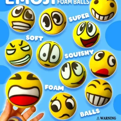 "Emoji 3-inch (76mm) foam balls in assorted designs with expressive faces, including happy, silly, surprised, angry, and laughing expressions. Bright yellow, soft, squishy foam balls designed as collectible arcade or prize toys."